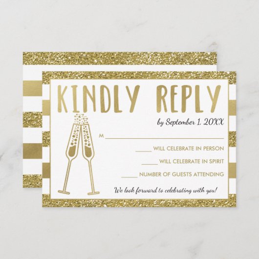 50周年記念パーティーRSVPカード、フェイク金ゴールド 招待状 (正面/裏面)