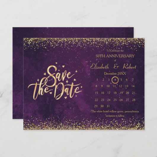 50周年記念パープル結婚ズの日付カレンダー 案内ポストカード (正面/裏面)