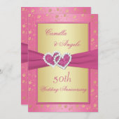 50周年記念ピンクと金ゴールド加入ハート 招待状 (正面/裏面)