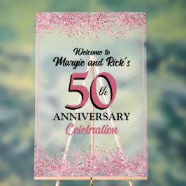 50周年記念ピンクフェイクグリッター歓迎サイン アクリルサイン