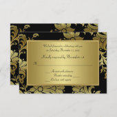 50周年記念ブラックカードと金ゴールドフローラRSVPカード 出欠カード (正面/裏面)