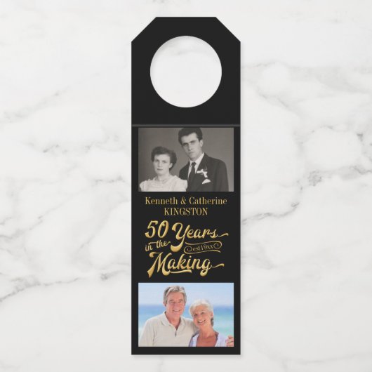 50周年記念ブラック&金ゴールドThen and Now写真 ボトルネックタグ (正面)