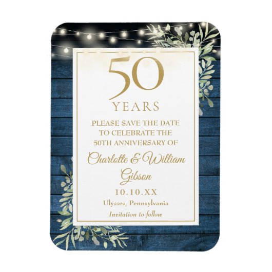 50周年記念ブルーな無骨な木の結婚記念日カード マグネット (縦)
