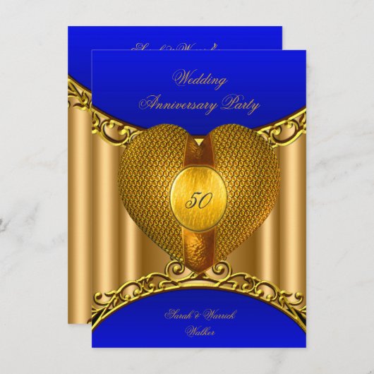 50周年記念ブルー王室の金ゴールドゴールデンハート 招待状 (正面/裏面)