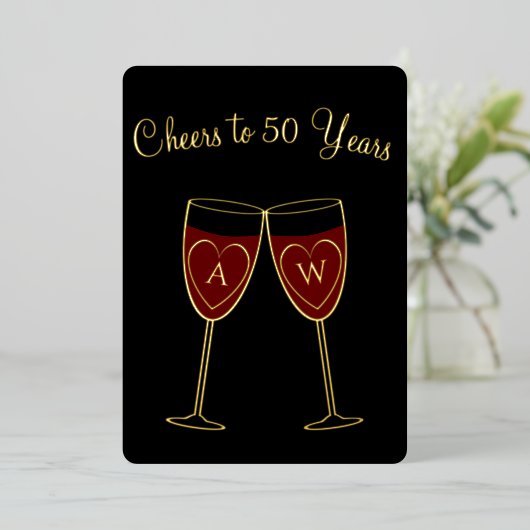 50周年記念モノグラムワイングラス応援金ゴールド 箔招待状 (立ち正面)