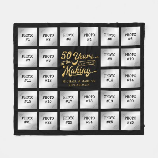 50周年記念写真コラージュ黒金ゴールド名 フリースブランケット (正面(横))