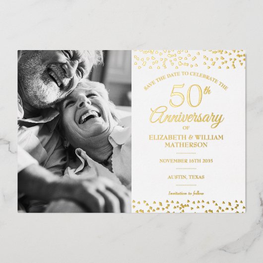 50周年記念写真結婚日付金ゴールドの保存 箔招待状 (正面)