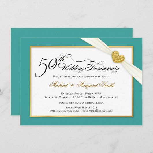 50周年記念招待状 - ティール&ゴールド 招待状 (正面/裏面)