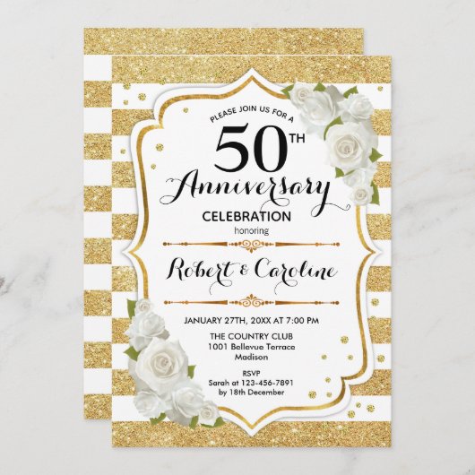 50周年記念招待状-金ゴールドホワイトローズ 招待状 (正面/裏面)