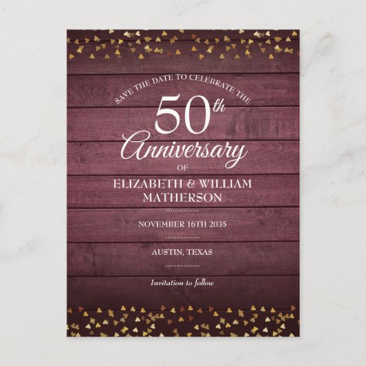 50周年記念日 保存日付 ゴールドハート ラスティック ポストカード (正面)