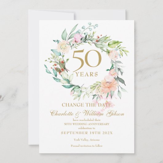 50周年記念日 変更日 ローズ ガーランド 招待状 (正面)