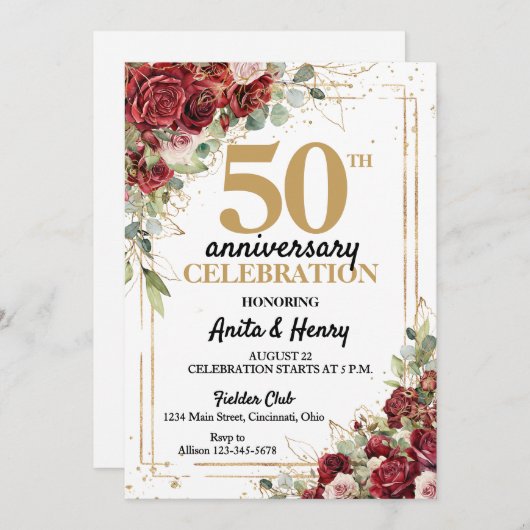 50周年記念深いレッド&金ゴールドフレームバラ 招待状 (正面/裏面)