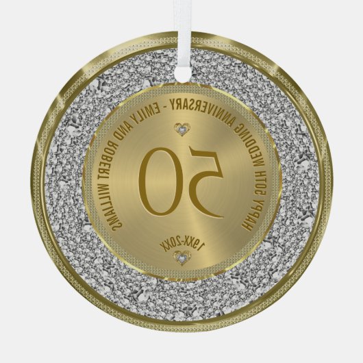 50周年記念結婚のダイヤモンドと金ゴールド ガラスオーナメント (裏面)