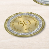 50周年記念結婚のダイヤモンドと金ゴールド ラウンドペーパーコースター (アングル)