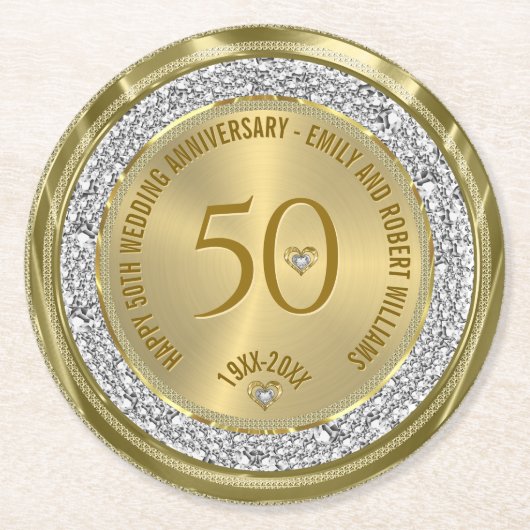 50周年記念結婚のダイヤモンドと金ゴールド ラウンドペーパーコースター (正面)