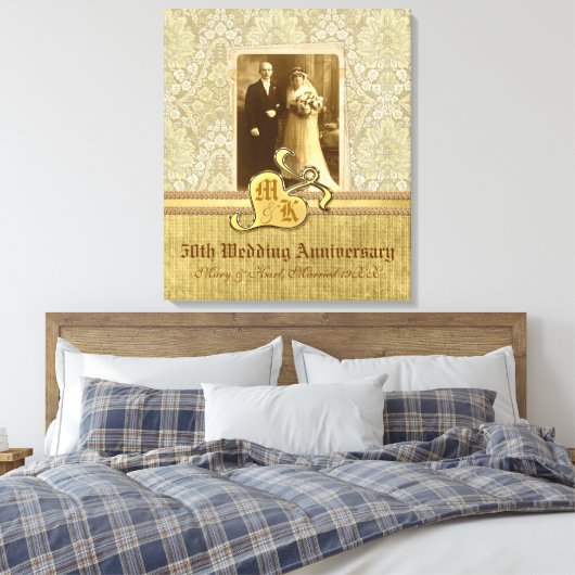 50周年記念結婚アンティークダマスク金ゴールド キャンバスプリント (インサイチュ (寝室))