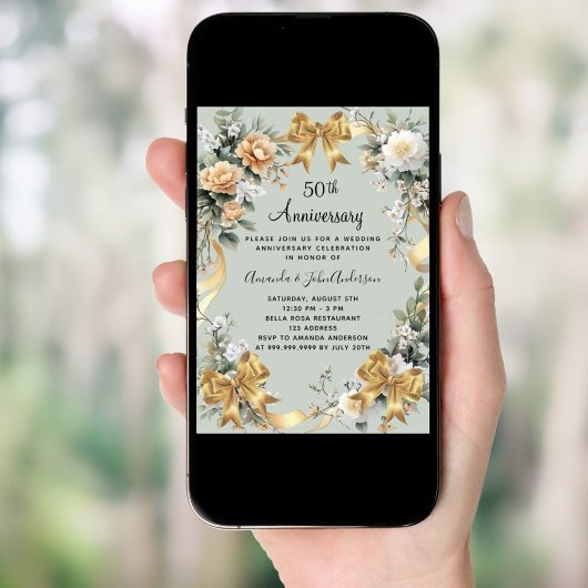 50周年記念結婚イエロー花模様金ゴールドボウ 招待状