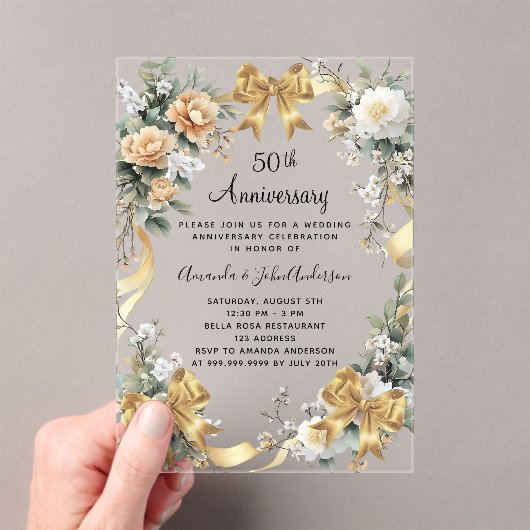 50周年記念結婚イエロー花模様金ゴールド弓 アクリル招待状 (インサイチュ (ポータブル))