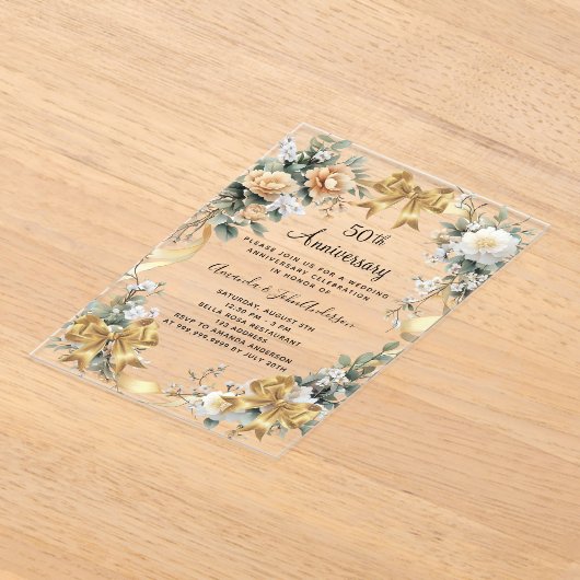 50周年記念結婚イエロー花模様金ゴールド弓 アクリル招待状 (レイダウン)