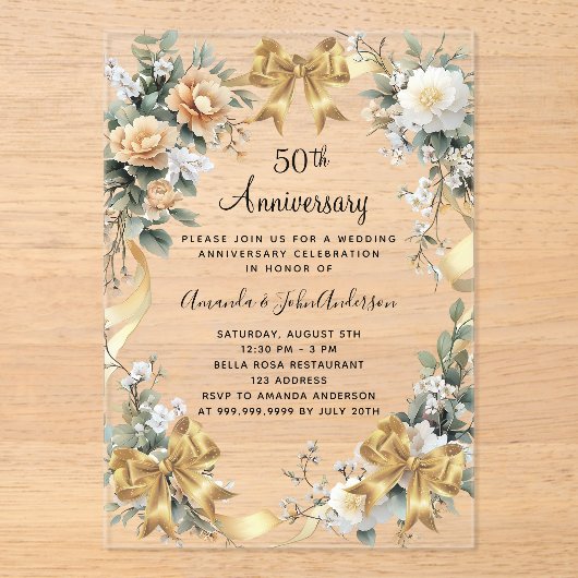 50周年記念結婚イエロー花模様金ゴールド弓 アクリル招待状 (正面)