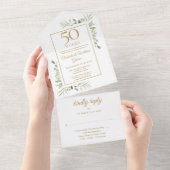 50周年記念結婚グリーンリー金ゴールドモノグラム オールインワン招待状 (貼ってはがせる)