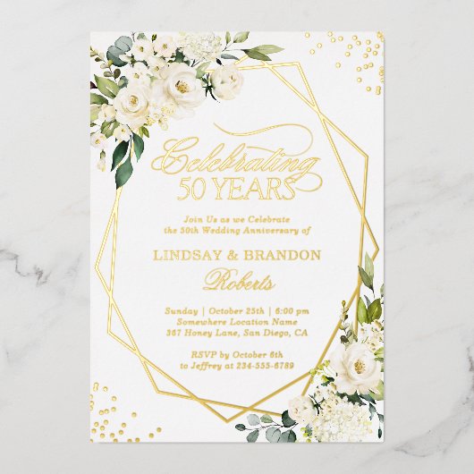 50周年記念結婚グリーンリー金ゴールド幾何学模様 箔招待状 (正面)