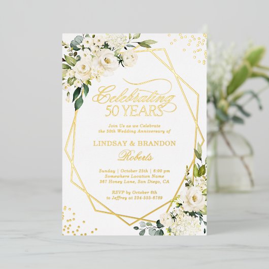 50周年記念結婚グリーンリー金ゴールド幾何学模様 箔招待状 (立ち正面)