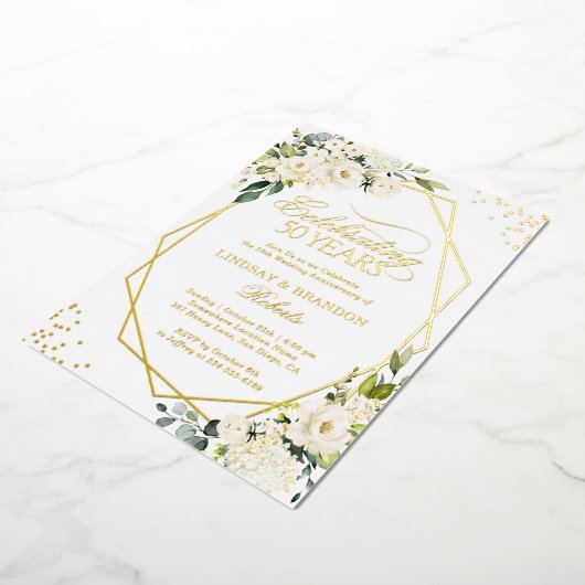 50周年記念結婚グリーンリー金ゴールド幾何学模様 箔招待状 (回転した状態)