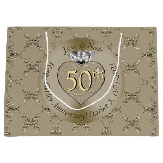 50周年記念結婚ダイヤモンドハート蝶 ラージペーパーバッグ (正面)