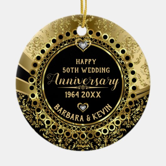 50周年記念結婚ダイヤモンド&金ゴールドダマスク セラミックオーナメント (正面)