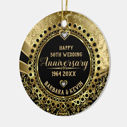 50周年記念結婚ダイヤモンド&金ゴールドダマスク セラミックオーナメント (左)