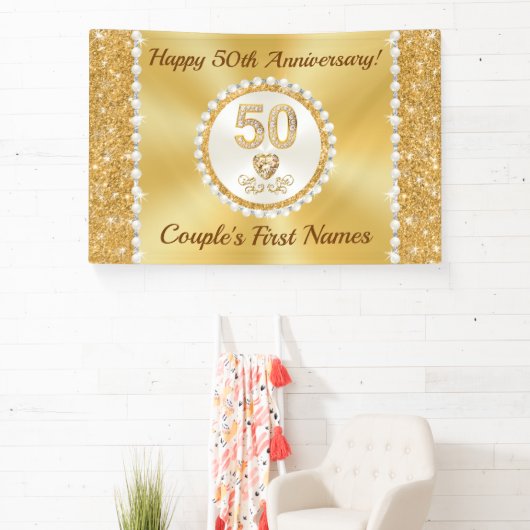 50周年記念結婚バナーパーソナライズされた、金ゴールド 横断幕 (インサイチュ)