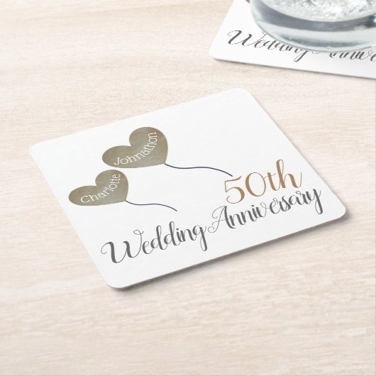 50周年記念結婚バルーン スクエアペーパーコースター (アングル)