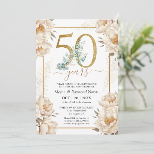 50周年記念結婚パーティー金ゴールドホワイト牡丹 招待状 (スタンド正面)