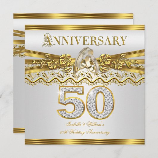 50周年記念結婚パーティー金ゴールドリングや輪ホワイト 招待状 (正面/裏面)