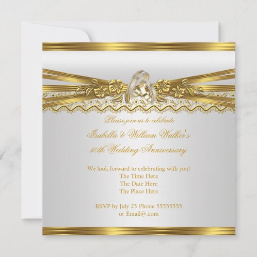 50周年記念結婚パーティー金ゴールドリングや輪ホワイト 招待状 (裏面)