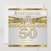 50周年記念結婚パーティー金ゴールドリングや輪ホワイト 招待状 (正面)