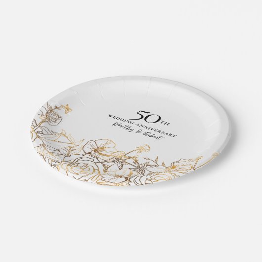 50周年記念結婚パーティー金ゴールド白フローラ ペーパープレート (アングル)