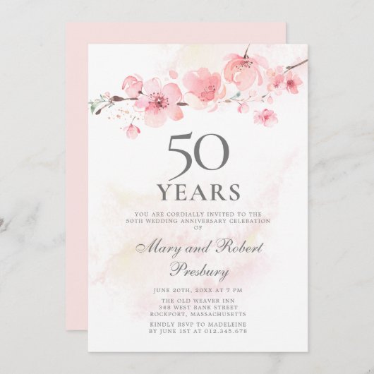 50周年記念結婚ピンクさくらんぼ花 招待状 (正面/裏面)