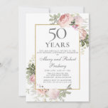 50周年記念結婚ピンクローズフローラ 招待状<br><div class="desc">50周年エレガントの招待テンプレートは金ゴールド枠と2つの赤面ピンクのバラのアレンジを備えている。すべての文字が編集可能。</div>