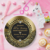50周年記念結婚フローラブラック&金ゴールド3 Din ペーパープレート (パーティー)