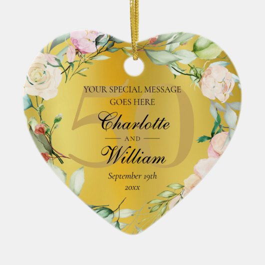 50周年記念結婚フローラモノグラム金ゴールド セラミックオーナメント (正面)