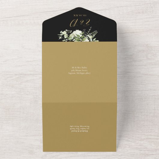 50周年記念結婚ブラックと金ゴールドフローラ オールインワン招待状 (外側)