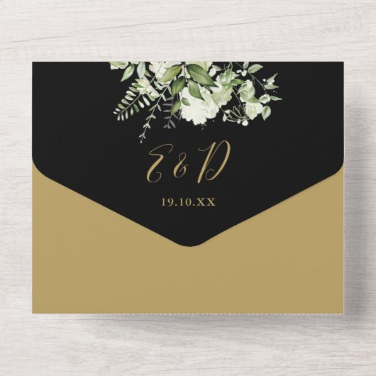 50周年記念結婚ブラックと金ゴールドフローラ オールインワン招待状 (裏面)