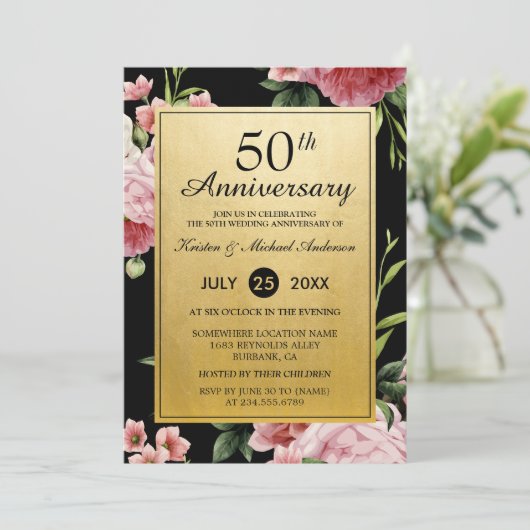 50周年記念結婚ブラック金ゴールドヴィンテージフローラ 招待状 (スタンド正面)