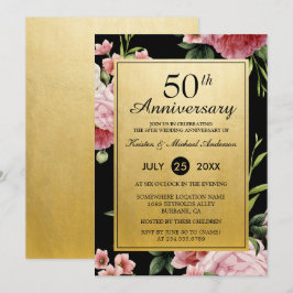 50周年記念結婚ブラック金ゴールドヴィンテージフローラ 招待状
