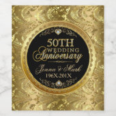 50周年記念結婚ブラック&金ゴールドダマスク2 ワインラベル (シングルラベル)