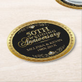 50周年記念結婚ブラック&金ゴールドダマスク3 ラウンドペーパーコースター (アングル)
