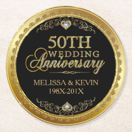 50周年記念結婚ブラック&金ゴールドダマスク3 ラウンドペーパーコースター