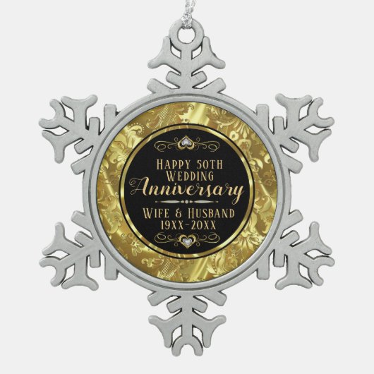 50周年記念結婚ブラック&金ゴールド スノーフレークピューターオーナメント (正面)
